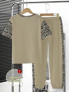 SHEIN 1 Set Tween Boy Casual Comfortable Fashion Minimalist Personalized Print Pattern Colorblock Casual Style Short Sleeve T-Shirt And Matching Pants Set - Multicolor - View 2
