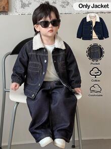 Baby Boys Fall/Winter Warm Teddy Fleece Lined Blue Denim Loose Jacket With Pocket,For Baby School Clothes,Streetwear Outfits,Toddler Jacket,Warm Jacke - Dark Wash - View 1