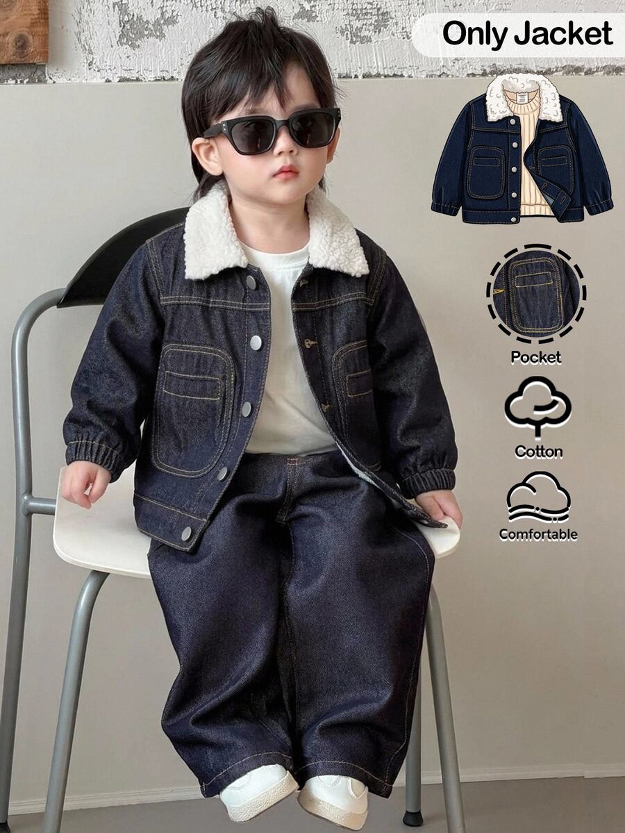 Baby Boys Fall/Winter Warm Teddy Fleece Lined Blue Denim Loose Jacket With Pocket,For Baby School Clothes,Streetwear Outfits,Toddler Jacket,Warm Jacke - Dark Wash - View 1