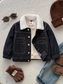 Baby Boys Fall/Winter Warm Teddy Fleece Lined Blue Denim Loose Jacket With Pocket,For Baby School Clothes,Streetwear Outfits,Toddler Jacket,Warm Jacke - Dark Wash - View 10