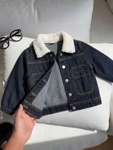Baby Boys Fall/Winter Warm Teddy Fleece Lined Blue Denim Loose Jacket With Pocket,For Baby School Clothes,Streetwear Outfits,Toddler Jacket,Warm Jacke - Dark Wash - View 3