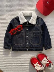 Baby Boys Fall/Winter Warm Teddy Fleece Lined Blue Denim Loose Jacket With Pocket,For Baby School Clothes,Streetwear Outfits,Toddler Jacket,Warm Jacke - Dark Wash - View 4