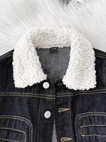 Baby Boys Fall/Winter Warm Teddy Fleece Lined Blue Denim Loose Jacket With Pocket,For Baby School Clothes,Streetwear Outfits,Toddler Jacket,Warm Jacke - Dark Wash - View 5