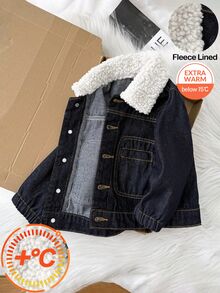 Baby Boys Fall/Winter Warm Teddy Fleece Lined Blue Denim Loose Jacket With Pocket,For Baby School Clothes,Streetwear Outfits,Toddler Jacket,Warm Jacke - Dark Wash - View 9