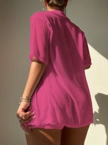 SHEIN Swim Summer Beach Solid Color Cover Up Top And Pants Set - Hot Pink - View 2