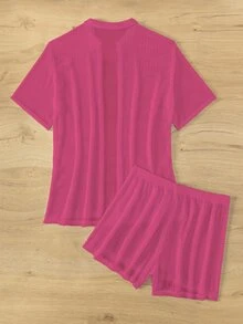 SHEIN Swim Summer Beach Solid Color Cover Up Top And Pants Set - Hot Pink - View 6