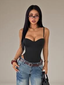 SHEIN PETITE 女款加墊連身衣 - 黑色 - 查看 4