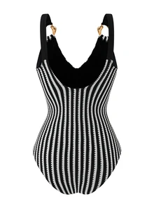 Swim Oasis 2026 New Spring/Summer Women 2 Pieces Swimsuit With Skirt, Special Fabric Beach Holiday Elegant Casual Swimwear Set - Black and White - View 5
