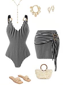 Swim Oasis 2026 New Spring/Summer Women 2 Pieces Swimsuit With Skirt, Special Fabric Beach Holiday Elegant Casual Swimwear Set - Black and White - View 1