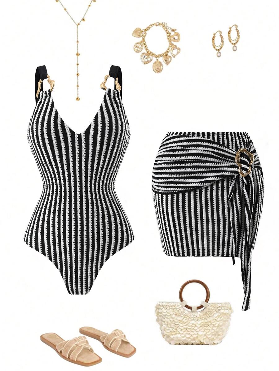 Swim Oasis 2026 New Spring/Summer Women 2 Pieces Swimsuit With Skirt, Special Fabric Beach Holiday Elegant Casual Swimwear Set - Black and White - View 1