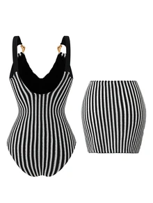 Swim Oasis 2026 New Spring/Summer Women 2 Pieces Swimsuit With Skirt, Special Fabric Beach Holiday Elegant Casual Swimwear Set - Black and White - View 2