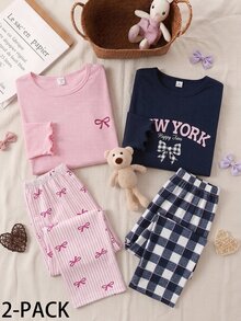 Girls' English Word & Bow Print Deep Royal Blue Ribbed Long Sleeve Top With Small Plaid Print Contrast Trim Long Pants Loungewear Set - Multicolor - View 5