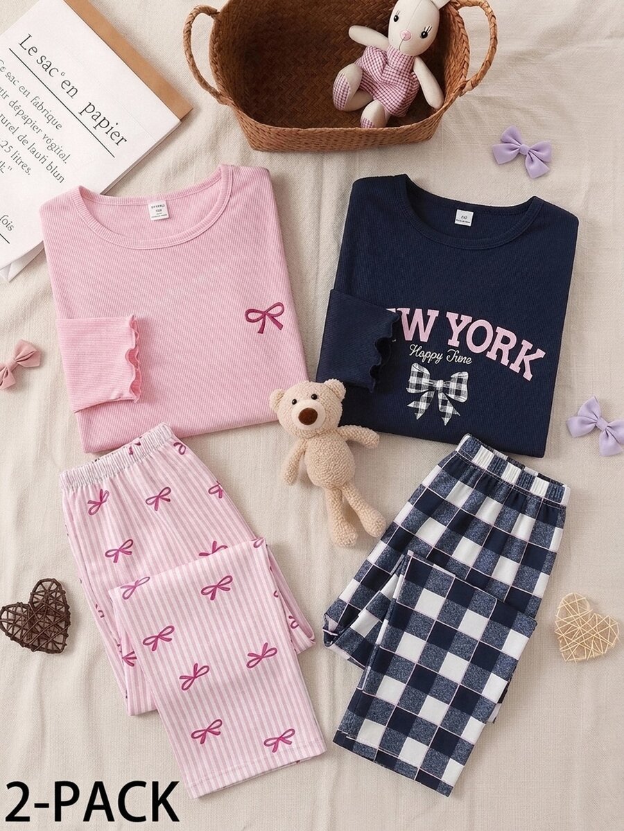 Girls' English Word & Bow Print Deep Royal Blue Ribbed Long Sleeve Top With Small Plaid Print Contrast Trim Long Pants Loungewear Set - Multicolor - View 1