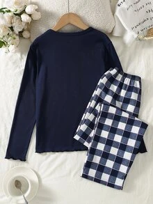 Girls' English Word & Bow Print Deep Royal Blue Ribbed Long Sleeve Top With Small Plaid Print Contrast Trim Long Pants Loungewear Set - Multicolor - View 2