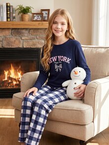 Girls' English Word & Bow Print Deep Royal Blue Ribbed Long Sleeve Top With Small Plaid Print Contrast Trim Long Pants Loungewear Set - Multicolor - View 7