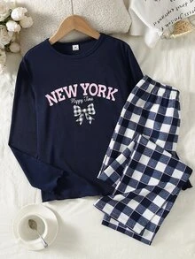 Girls' English Word & Bow Print Deep Royal Blue Ribbed Long Sleeve Top With Small Plaid Print Contrast Trim Long Pants Loungewear Set - Multicolor - View 3