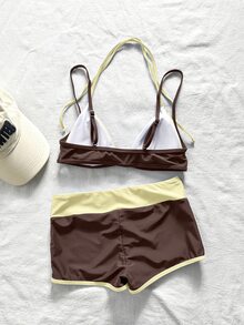 SHEIN Swim 2件組女款比基尼泳衣，藍黃圖案波點條紋泳褲，適合波希米亞風度假 - 咖啡棕 - 查看 6