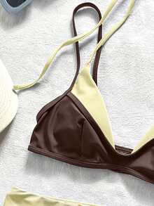 SHEIN Swim 2件組女款比基尼泳衣，藍黃圖案波點條紋泳褲，適合波希米亞風度假 - 咖啡棕 - 查看 7