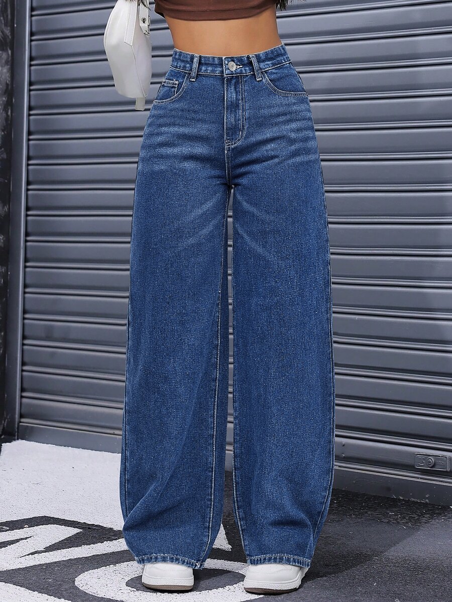 SHEIN ICON 女款高腰直筒寬鬆休閒牛仔褲,附口袋 - 深色水洗藍 - 查看 1