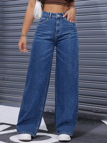 SHEIN ICON 女款高腰直筒寬鬆休閒牛仔褲，附口袋 - 深色水洗藍 - 查看 3