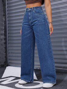 SHEIN ICON 女款高腰直筒寬鬆休閒牛仔褲，附口袋 - 深色水洗藍 - 查看 6