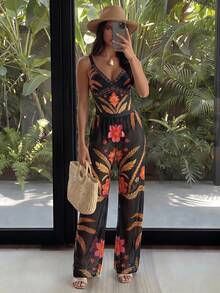 Swim Oasis Women's Black Boho Tropical Print 2-Piece Set, Summer Beach Vacation Party Holiday One-Piece Swimsuit, Open Back Adjustable Strap Mesh Long Pants - Multicolor - View 3