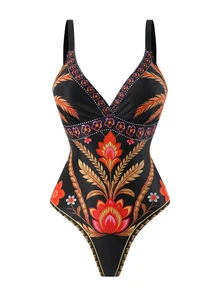 Swim Oasis Women's Black Boho Tropical Print 2-Piece Set, Summer Beach Vacation Party Holiday One-Piece Swimsuit, Open Back Adjustable Strap Mesh Long Pants - Multicolor - View 7