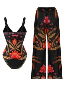 Swim Oasis Women's Black Boho Tropical Print 2-Piece Set, Summer Beach Vacation Party Holiday One-Piece Swimsuit, Open Back Adjustable Strap Mesh Long Pants - Multicolor - View 5