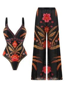 Swim Oasis Women's Black Boho Tropical Print 2-Piece Set, Summer Beach Vacation Party Holiday One-Piece Swimsuit, Open Back Adjustable Strap Mesh Long Pants - Multicolor - View 6