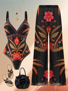 Swim Oasis Women's Black Boho Tropical Print 2-Piece Set, Summer Beach Vacation Party Holiday One-Piece Swimsuit, Open Back Adjustable Strap Mesh Long Pants - Multicolor - View 1