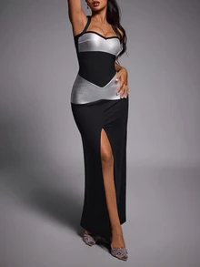 Nuvra Bandage Patchwork Waist-Cinched Sexy High Slit Elegant Fashion Party Commute Dress - Multicolor - View 3