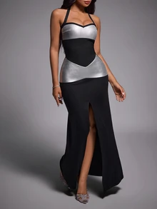Nuvra Bandage Patchwork Waist-Cinched Sexy High Slit Elegant Fashion Party Commute Dress - Multicolor - View 4