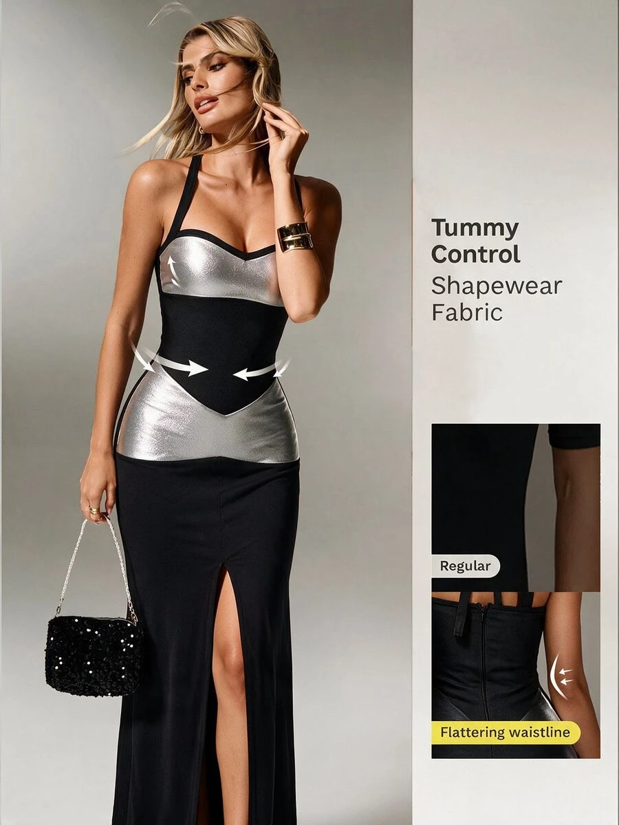 Nuvra Bandage Patchwork Waist-Cinched Sexy High Slit Elegant Fashion Party Commute Dress - Multicolor - View 1
