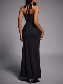 Nuvra Bandage Patchwork Waist-Cinched Sexy High Slit Elegant Fashion Party Commute Dress - Multicolor - View 2