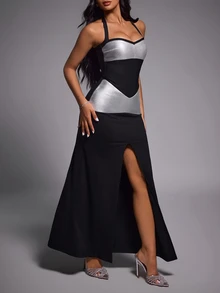 Nuvra Bandage Patchwork Waist-Cinched Sexy High Slit Elegant Fashion Party Commute Dress - Multicolor - View 7