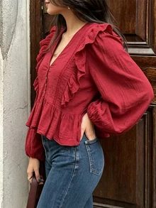 SHEIN PariChic Blus Wanita Berkerah V, Berlipit, Kasual, Serbaguna untuk Pemakaian Sehari-hari - Merah - View 4