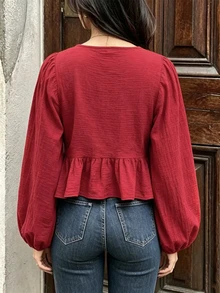 SHEIN PariChic Blus Wanita Berkerah V, Berlipit, Kasual, Serbaguna untuk Pemakaian Sehari-hari - Merah - View 3