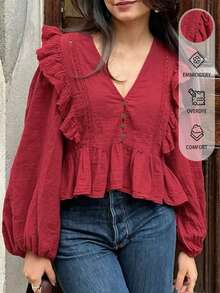 SHEIN PariChic Blus Wanita Berkerah V, Berlipit, Kasual, Serbaguna untuk Pemakaian Sehari-hari - Merah - View 2