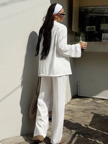 Sirith 2 件套女士夏季度假纯色长袖翻领罩衫和高腰直筒裤套装 - 白色 - 查看 2
