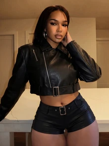 Slaydiva Women's Solid Color PU Leather Zipper Front Cropped Jacket - Black - View 6