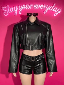 Slaydiva Women's Solid Color PU Leather Zipper Front Cropped Jacket - Black - View 4