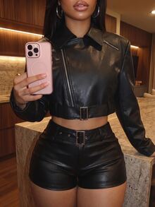 Slaydiva Women's Solid Color PU Leather Zipper Front Cropped Jacket - Black - View 5