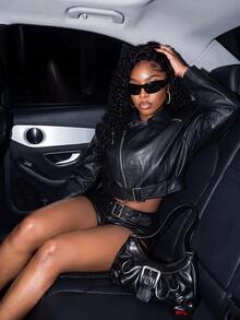 Slaydiva Women's Solid Color PU Leather Zipper Front Cropped Jacket - Black - View 7