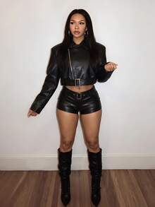 Slaydiva Women's Solid Color PU Leather Zipper Front Cropped Jacket - Black - View 9