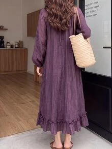 Solavon 女款純色百褶休閒浪漫復古端莊派對野餐早午餐旅行長洋裝 灰紫色 秋季 - 紫色 - 查看 2