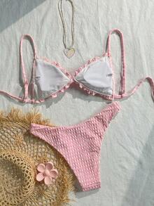 Swim Mod Set Bikini 2 Potong Warna Pink dengan Tekstur Kain Bertingkat, Rumbai di Depan, Ikat Pita di Pinggang, dan Lipatan, Lucu, Manis, Modis, dan Cerah untuk Pesta Musim Panas dan Liburan di Pantai. - Berwarna merah muda - View 7