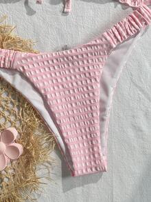 Swim Mod Set Bikini 2 Potong Warna Pink dengan Tekstur Kain Bertingkat, Rumbai di Depan, Ikat Pita di Pinggang, dan Lipatan, Lucu, Manis, Modis, dan Cerah untuk Pesta Musim Panas dan Liburan di Pantai. - Berwarna merah muda - View 5