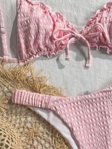 Swim Mod Set Bikini 2 Potong Warna Pink dengan Tekstur Kain Bertingkat, Rumbai di Depan, Ikat Pita di Pinggang, dan Lipatan, Lucu, Manis, Modis, dan Cerah untuk Pesta Musim Panas dan Liburan di Pantai. - Berwarna merah muda - View 4