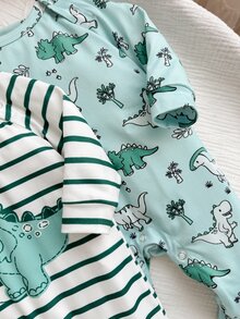 SHEIN 2件套新生女宝宝可爱休闲针织卡通条纹长袖连体睡衣套装 - 綠色 - 查看 3