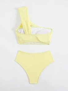 Costavie 女款夏季海灘純色單肩比基尼上衣與三角褲兩件式泳衣套裝 - 黃色 - 查看 2